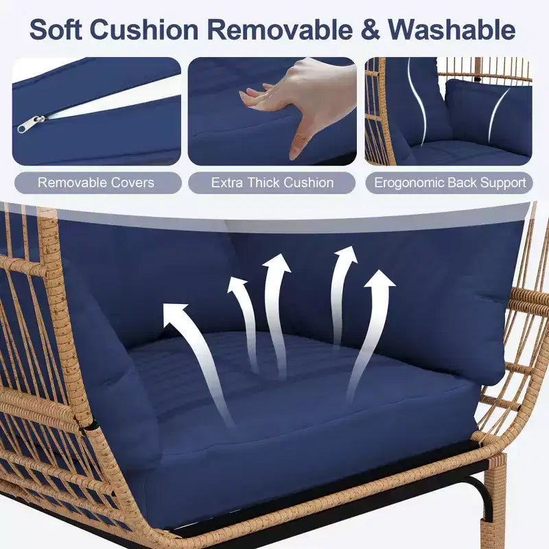 Sedie a uovo in vimini per esterni, Sedia da patio oversize Sedia a sdraio oversize con cuscino per soggiorno, camera da letto, patio e cortile interni