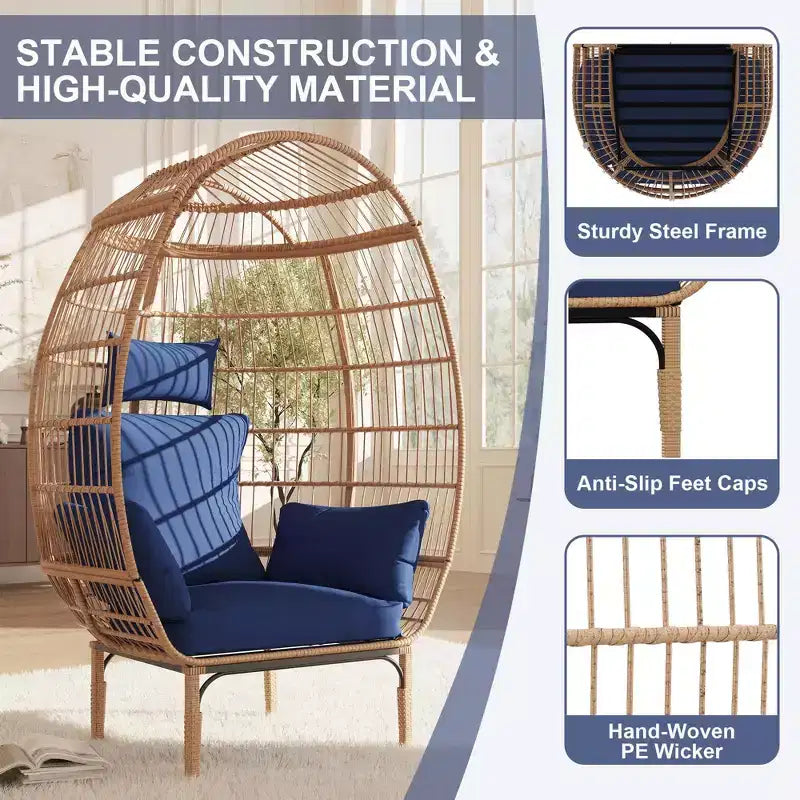 Sedie a uovo in vimini per esterni, Sedia da patio oversize Sedia a sdraio oversize con cuscino per soggiorno, camera da letto, patio e cortile interni