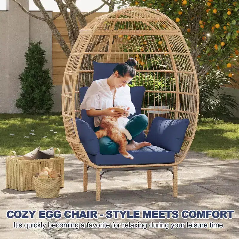 Sedie a uovo in vimini per esterni, Sedia da patio oversize Sedia a sdraio oversize con cuscino per soggiorno, camera da letto, patio e cortile interni