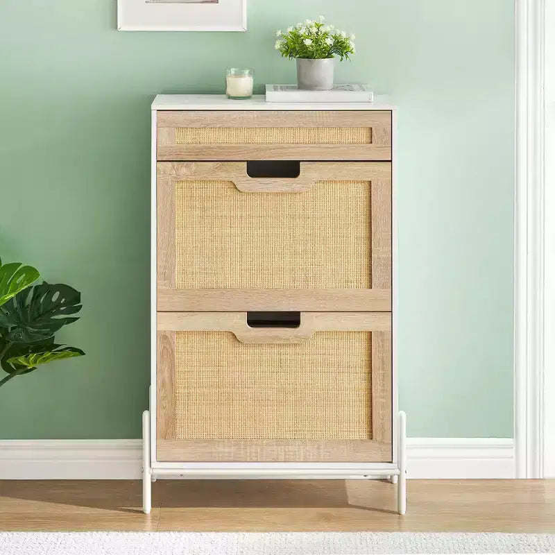Scarpiera Contenitore con 2 Cassetti a Ribalta e 1 Cassetto, Organizzatore di Scarpe Autoportante in Rattan con 3 Ripiani Regolabili per Pantofole, Scarpe da Ginnastica, Tacchi