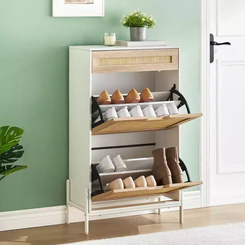 Scarpiera Contenitore con 2 Cassetti a Ribalta e 1 Cassetto, Organizzatore di Scarpe Autoportante in Rattan con 3 Ripiani Regolabili per Pantofole, Scarpe da Ginnastica, Tacchi