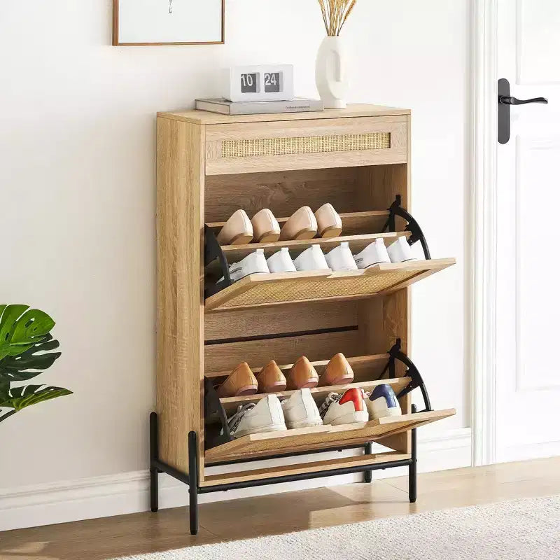 Scarpiera Contenitore con 2 Cassetti a Ribalta e 1 Cassetto, Organizzatore di Scarpe Autoportante in Rattan con 3 Ripiani Regolabili per Pantofole, Scarpe da Ginnastica, Tacchi