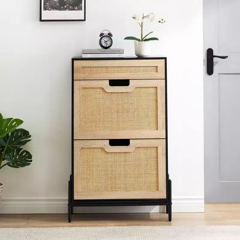 Scarpiera Contenitore con 2 Cassetti a Ribalta e 1 Cassetto, Organizzatore di Scarpe Autoportante in Rattan con 3 Ripiani Regolabili per Pantofole, Scarpe da Ginnastica, Tacchi