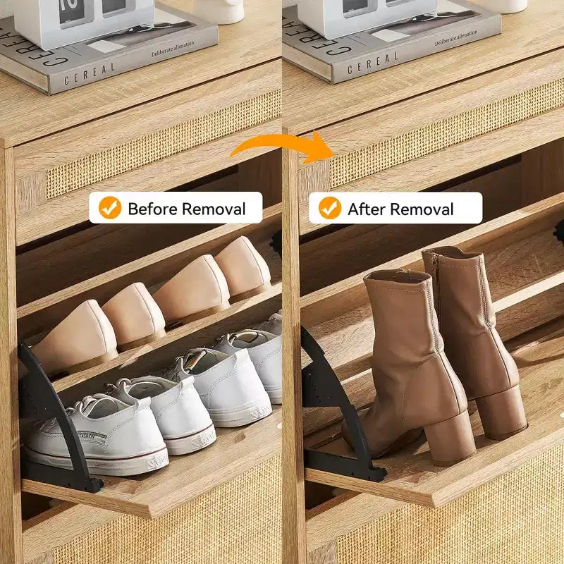 Scarpiera Contenitore con 2 Cassetti a Ribalta e 1 Cassetto, Organizzatore di Scarpe Autoportante in Rattan con 3 Ripiani Regolabili per Pantofole, Scarpe da Ginnastica, Tacchi
