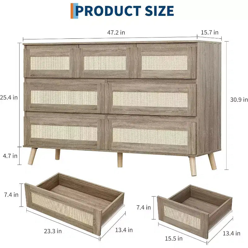 Comò in rattan a 7 cassetti per camera da letto, cassettiere in legno, organizzatore moderno in stile rustico per armadio, soggiorno