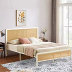 COZONY Letto a piattaforma in rattan con testiera illuminata, letto boho con supporto a doghe in acciaio e illuminazione ambientale