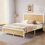COZONY Letto a piattaforma in rattan con testiera illuminata, letto boho con supporto a doghe in acciaio e illuminazione ambientale
