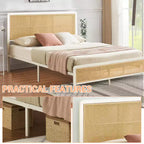COZONY Letto a piattaforma in rattan con testiera illuminata, letto boho con supporto a doghe in acciaio e illuminazione ambientale