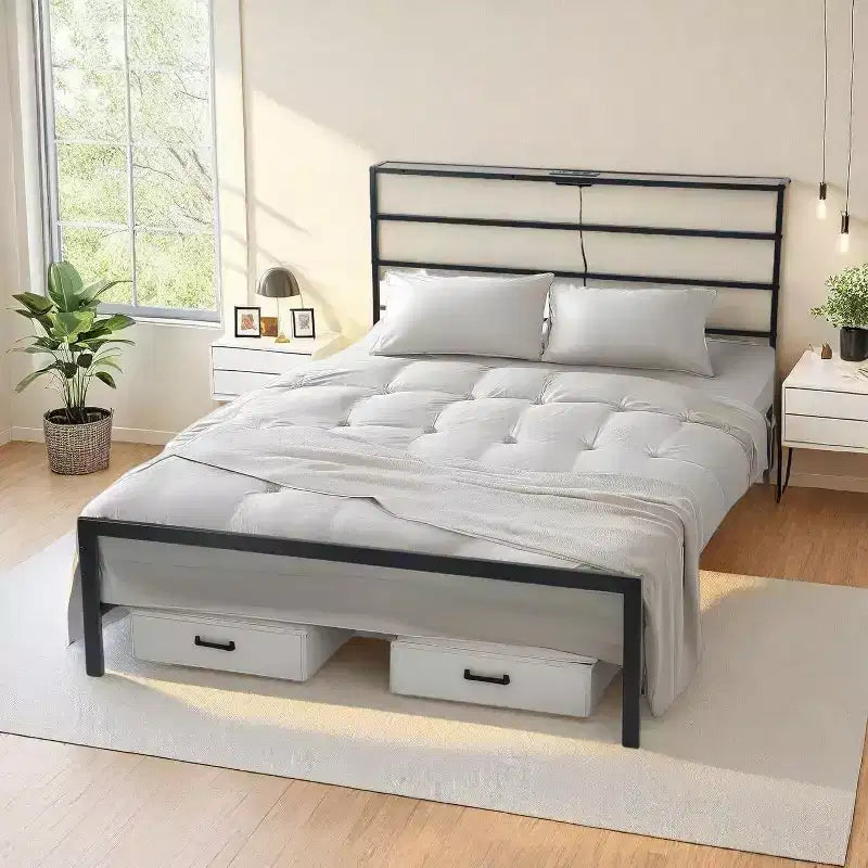 FurnitureR Metal Bed Frame Twin with Led Lights and Charging Station, Mattress Foundation, Iron-Art Headboard and Footboard, Storage Shelves, Black