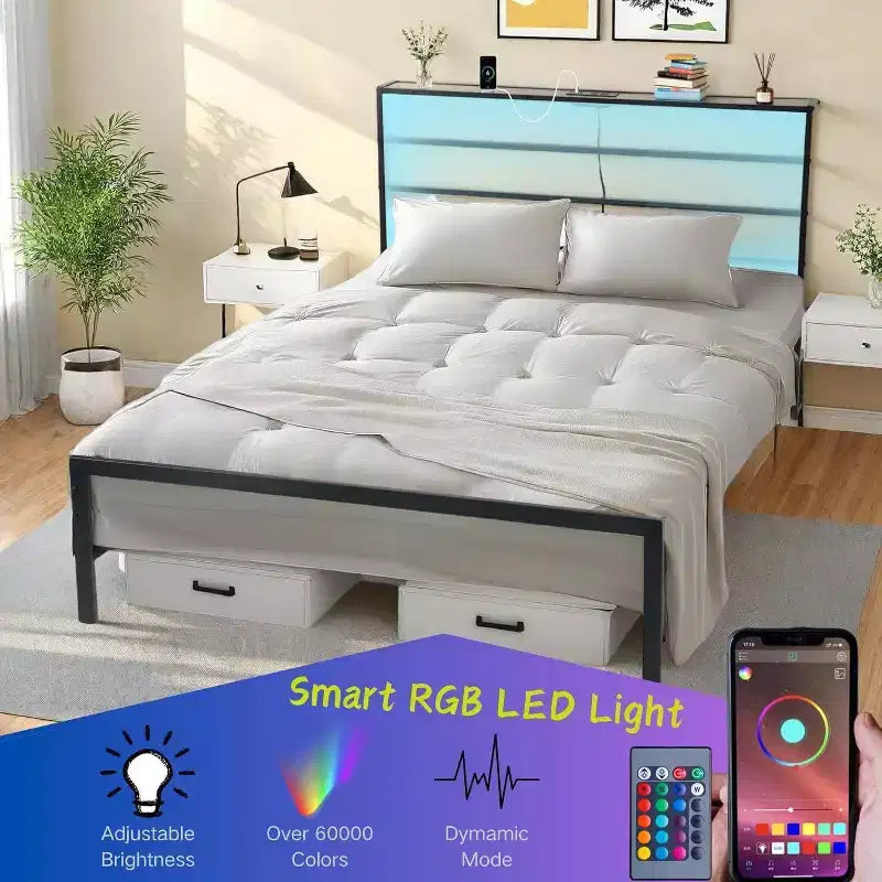 Struttura Letto Matrimoniale in Metallo FurnitureR con Luci LED e Stazione di Ricarica, Base per Materasso, Testiera e Pediera in Ferro Battuto, Ripiani portaoggetti, Nero