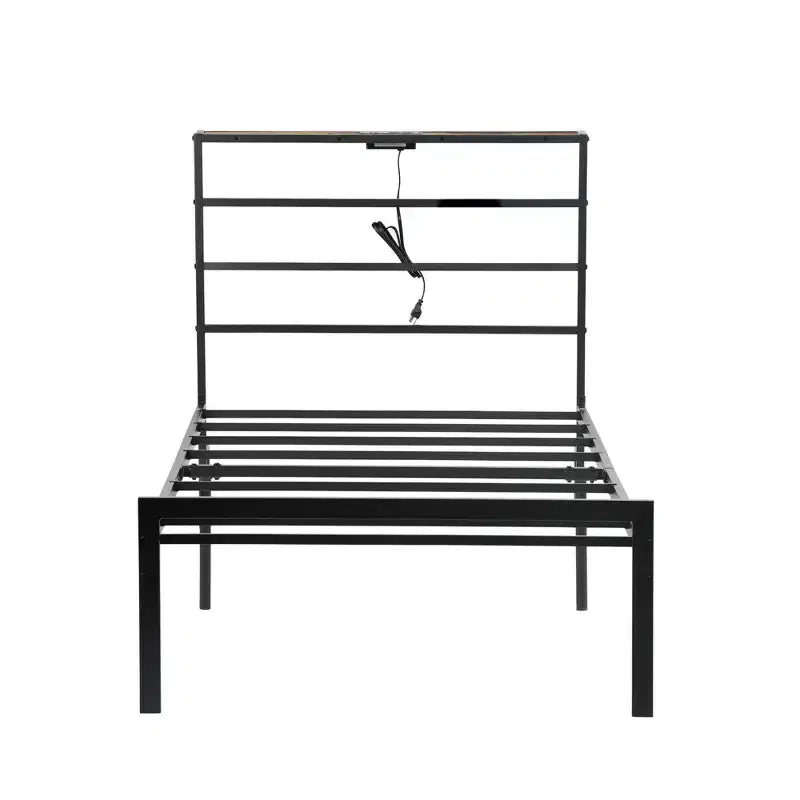 Struttura Letto Matrimoniale in Metallo FurnitureR con Luci LED e Stazione di Ricarica, Base per Materasso, Testiera e Pediera in Ferro Battuto, Ripiani portaoggetti, Nero