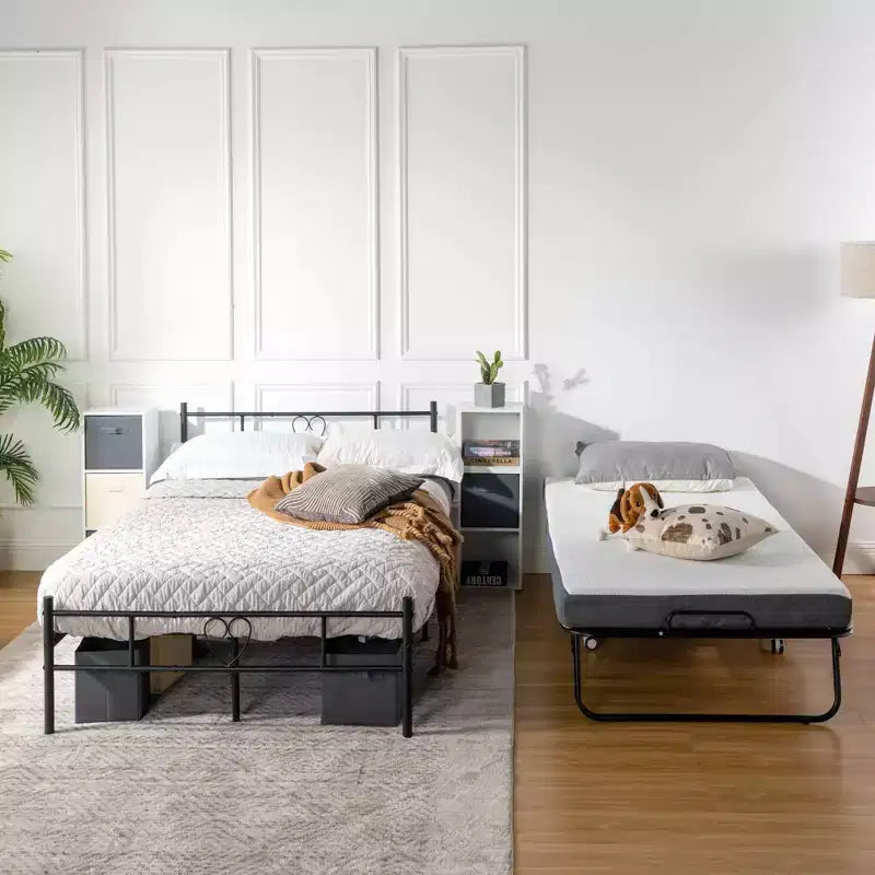 Letto pieghevole FurnitureR con materasso in memory foam da 5 pollici, letto pieghevole portatile per gli ospiti con ruote, struttura in metallo pieghevole per adulti, robusto