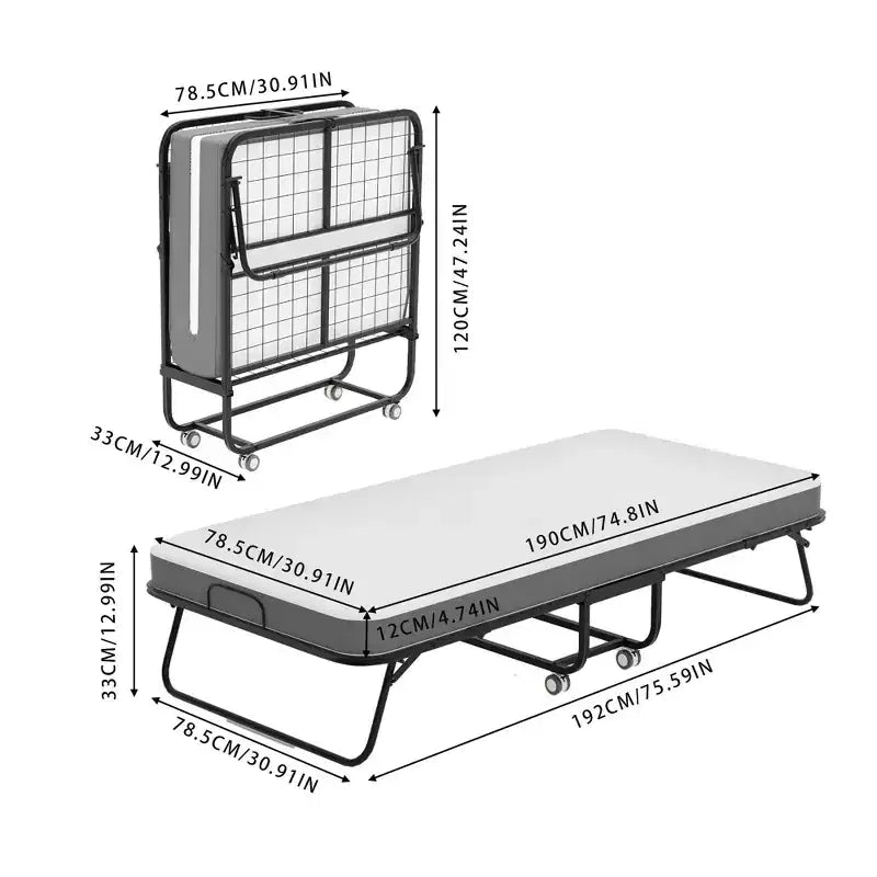 Lettino Pieghevole FurnitureR con Materasso in Memory Foam da 5 Pollici, Letto Pieghevole Stretto da 75x30 cm con Rotelle, Struttura Robusta in Metallo