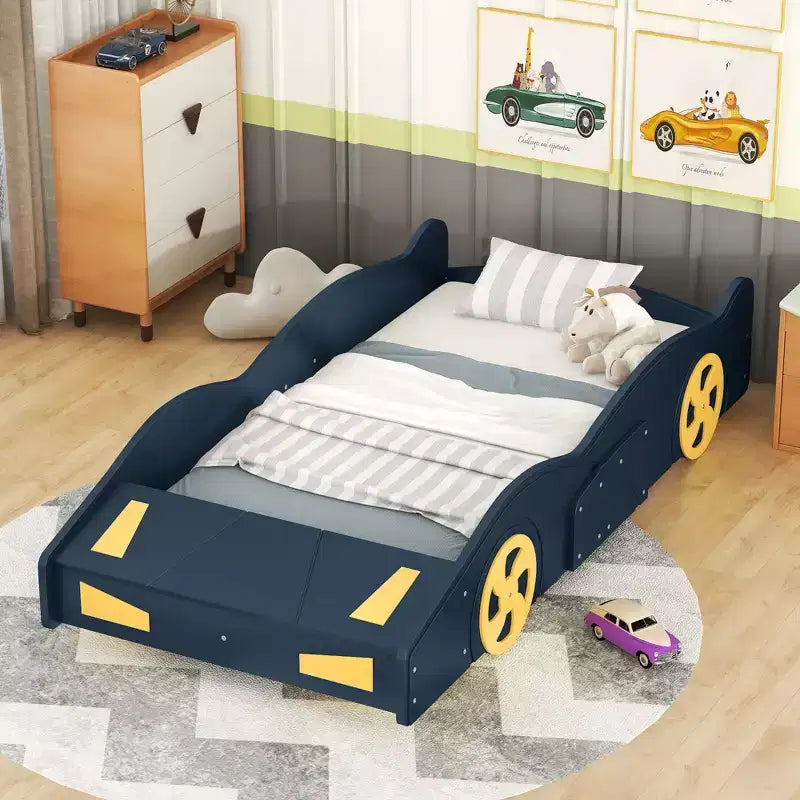 Letto a piattaforma per bambini a forma di auto da corsa, struttura del letto a forma di auto in legno con contenitore e ruote per bambini e bambine
