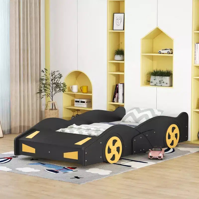 Letto a piattaforma per bambini a forma di auto da corsa, struttura del letto a forma di auto in legno con contenitore e ruote per bambini e bambine
