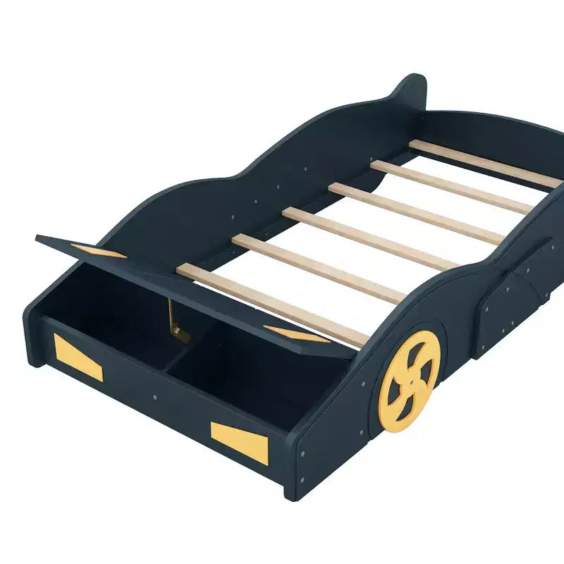 Letto a piattaforma per bambini a forma di auto da corsa, struttura del letto a forma di auto in legno con contenitore e ruote per bambini e bambine