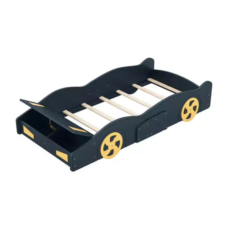 Letto a piattaforma per bambini a forma di auto da corsa, struttura del letto a forma di auto in legno con contenitore e ruote per bambini e bambine