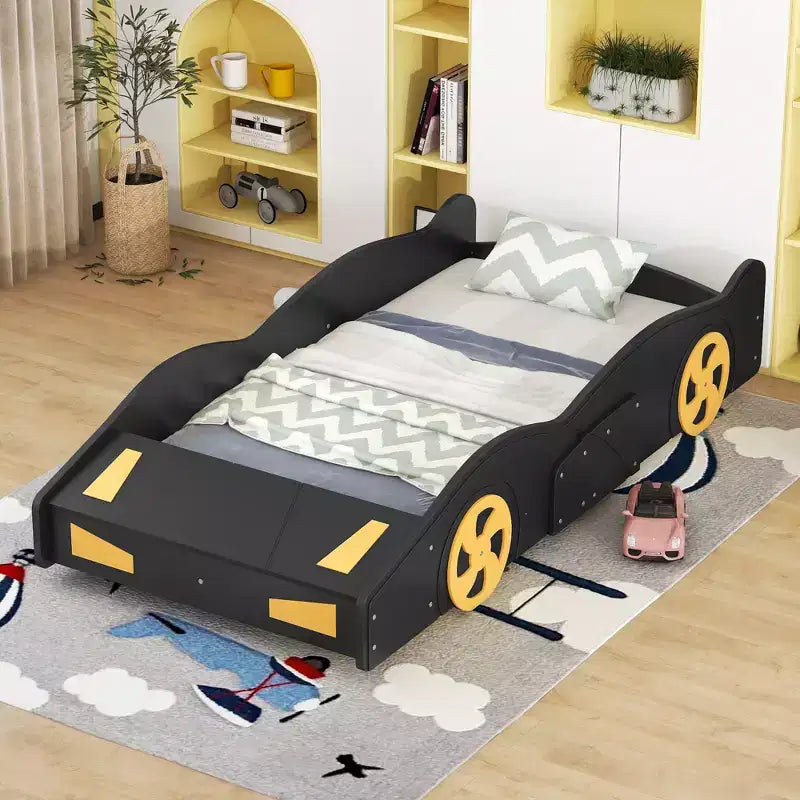 Letto a piattaforma per bambini a forma di auto da corsa, struttura del letto a forma di auto in legno con contenitore e ruote per bambini e bambine