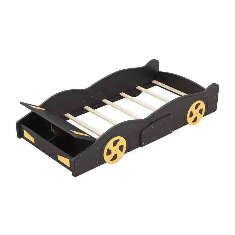 Letto a piattaforma per bambini a forma di auto da corsa, struttura del letto a forma di auto in legno con contenitore e ruote per bambini e bambine