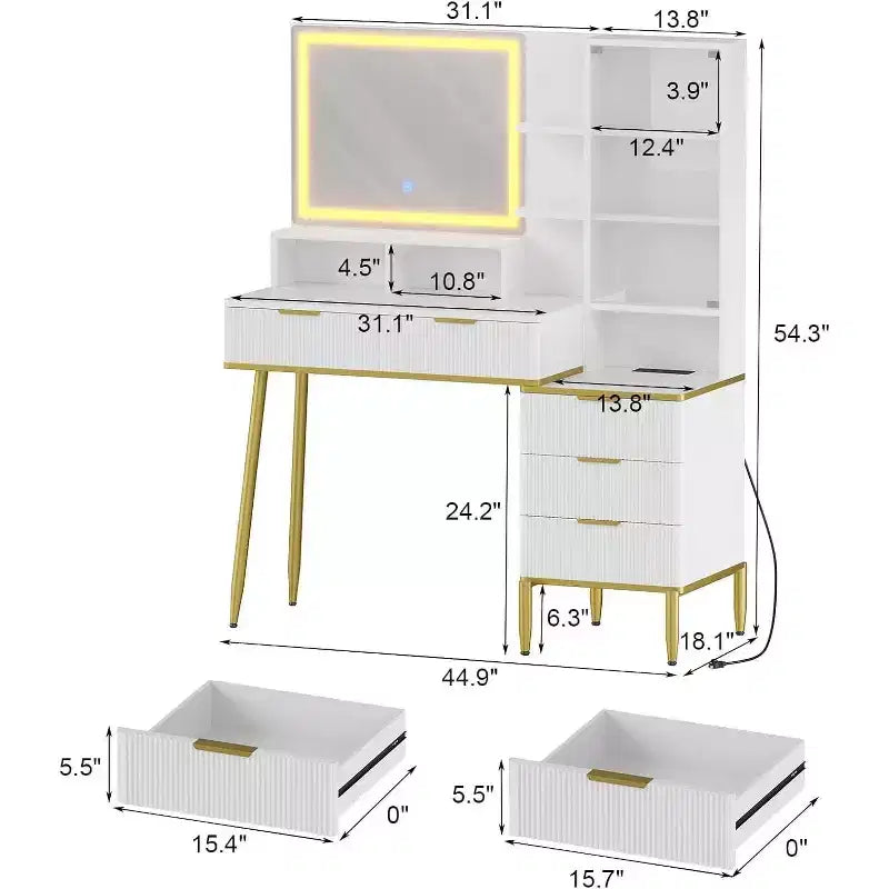 Toeletta Make Up Scanalata con Specchio Illuminato, Tavolo da Trucco con 5 Cassetti, Toeletta con Specchio e Luci, Luminosità Regolabile