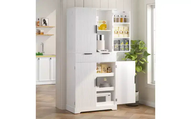 Zevemomo 72 Armadio Dispensa Cucina Scanalato con 3 Cassetti e 6 Ripiani Regolabili, Mobile Contenitore Autoportante per Bagno, Sala da Pranzo, Ufficio, Bianco