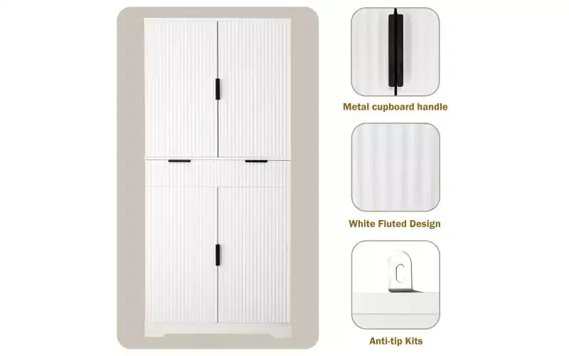 Zevemomo 72 Armadio Dispensa Cucina Scanalato con 3 Cassetti e 6 Ripiani Regolabili, Mobile Contenitore Autoportante per Bagno, Sala da Pranzo, Ufficio, Bianco