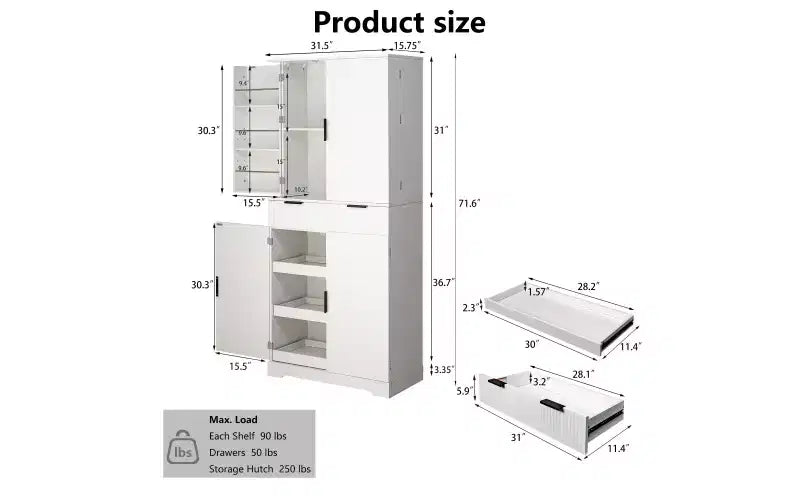 Zevemomo 72 Armadio Dispensa Cucina Scanalato con 3 Cassetti e 6 Ripiani Regolabili, Mobile Contenitore Autoportante per Bagno, Sala da Pranzo, Ufficio, Bianco
