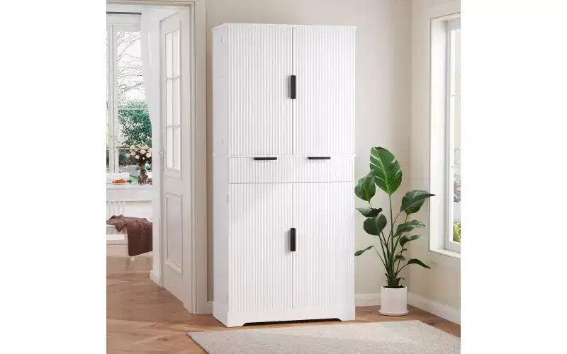 Zevemomo 72 Armadio Dispensa Cucina Scanalato con 3 Cassetti e 6 Ripiani Regolabili, Mobile Contenitore Autoportante per Bagno, Sala da Pranzo, Ufficio, Bianco
