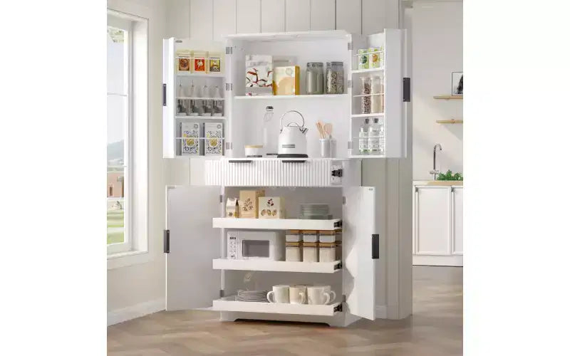 Zevemomo 72 Armadio Dispensa Cucina Scanalato con 3 Cassetti e 6 Ripiani Regolabili, Mobile Contenitore Autoportante per Bagno, Sala da Pranzo, Ufficio, Bianco