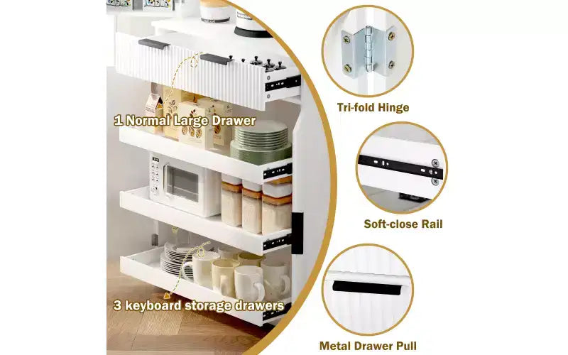 Zevemomo 72 Armadio Dispensa Cucina Scanalato con 3 Cassetti e 6 Ripiani Regolabili, Mobile Contenitore Autoportante per Bagno, Sala da Pranzo, Ufficio, Bianco