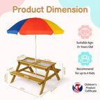 Tavolo da picnic e panchina da esterno rettangolari in legno per bambini con ombrellone e contenitori gioco Karl Home