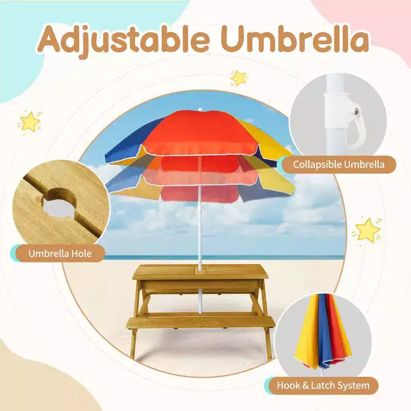 Tavolo da picnic e panchina da esterno rettangolari in legno per bambini con ombrellone e contenitori gioco Karl Home