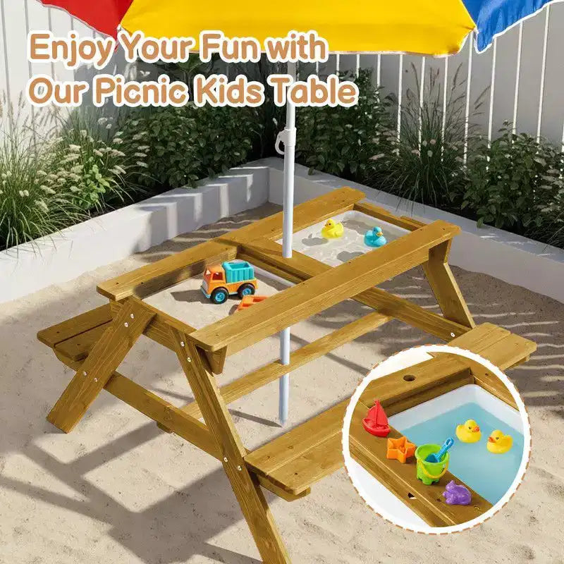 Tavolo da picnic e panchina da esterno rettangolari in legno per bambini con ombrellone e contenitori gioco Karl Home