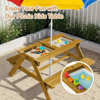 Tavolo da picnic e panchina da esterno rettangolari in legno per bambini con ombrellone e contenitori gioco Karl Home