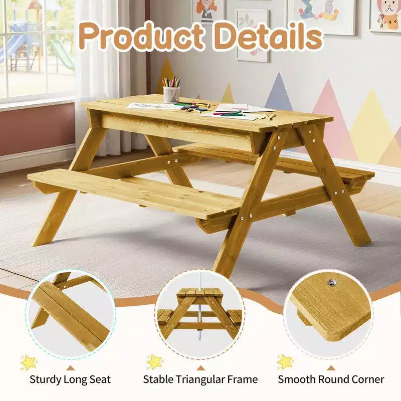 Tavolo da picnic e panchina da esterno rettangolari in legno per bambini con ombrellone e contenitori gioco Karl Home