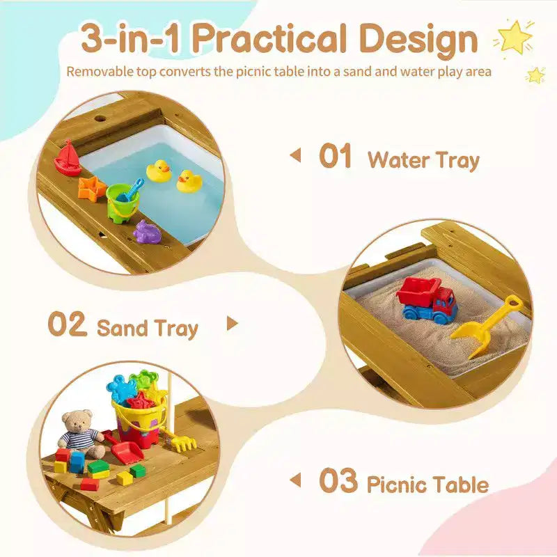 Tavolo da picnic e panchina da esterno rettangolari in legno per bambini con ombrellone e contenitori gioco Karl Home