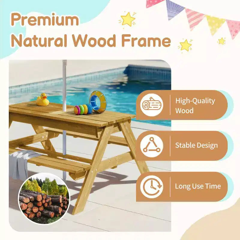 Tavolo da picnic e panchina da esterno rettangolari in legno per bambini con ombrellone e contenitori gioco Karl Home