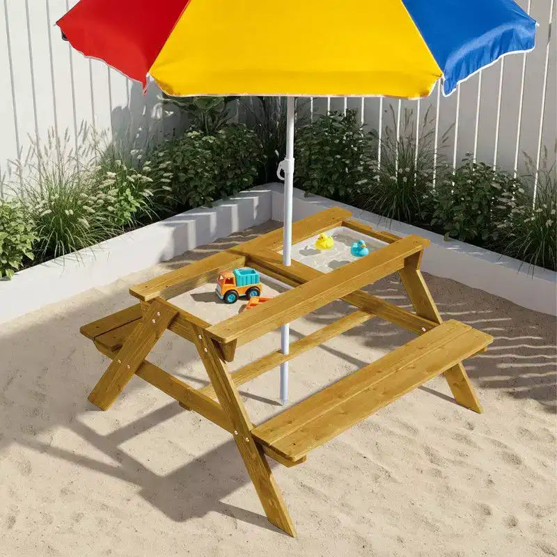 Tavolo da picnic e panchina da esterno rettangolari in legno per bambini con ombrellone e contenitori gioco Karl Home