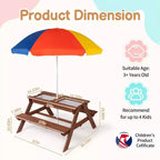 Tavolo da picnic e panchina da esterno rettangolari in legno per bambini con ombrellone e contenitori gioco Karl Home
