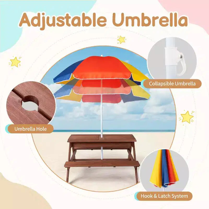 Tavolo da picnic e panchina da esterno rettangolari in legno per bambini con ombrellone e contenitori gioco Karl Home