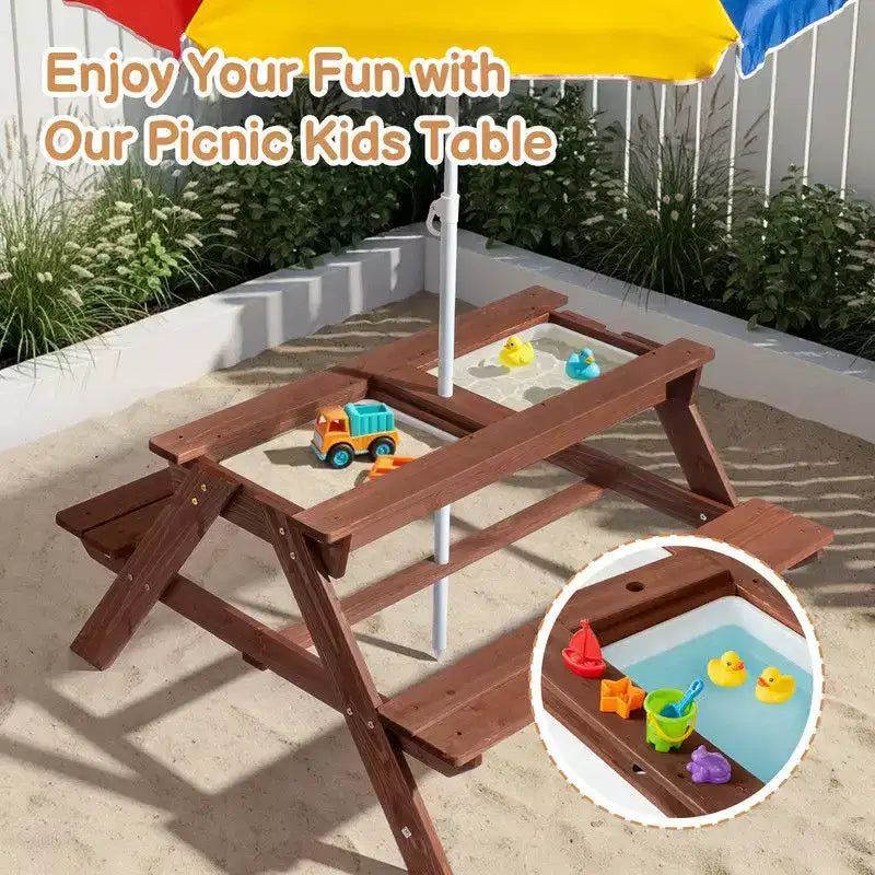 Tavolo da picnic e panchina da esterno rettangolari in legno per bambini con ombrellone e contenitori gioco Karl Home