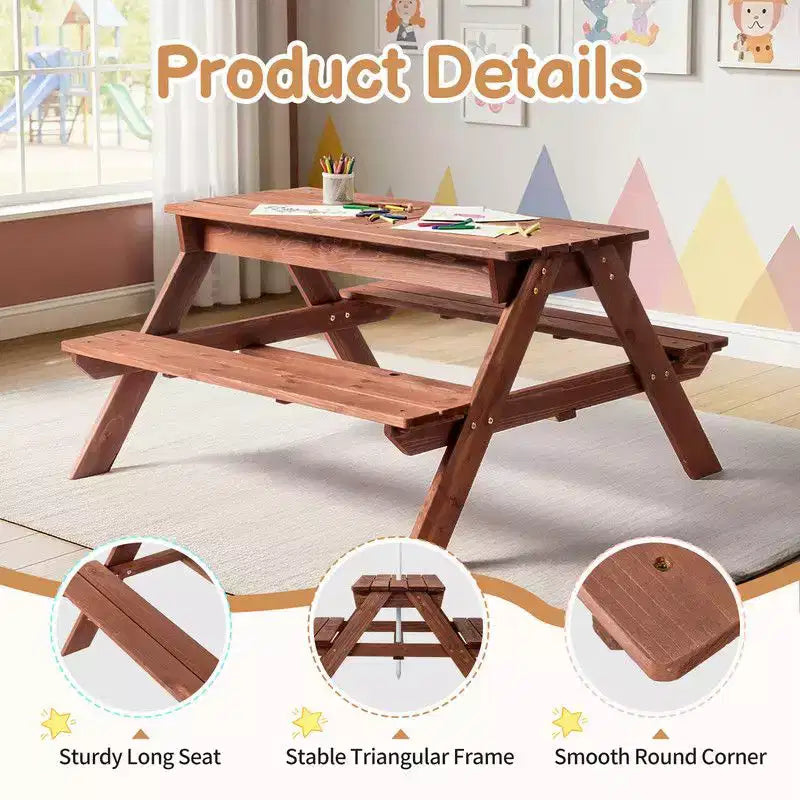 Tavolo da picnic e panchina da esterno rettangolari in legno per bambini con ombrellone e contenitori gioco Karl Home