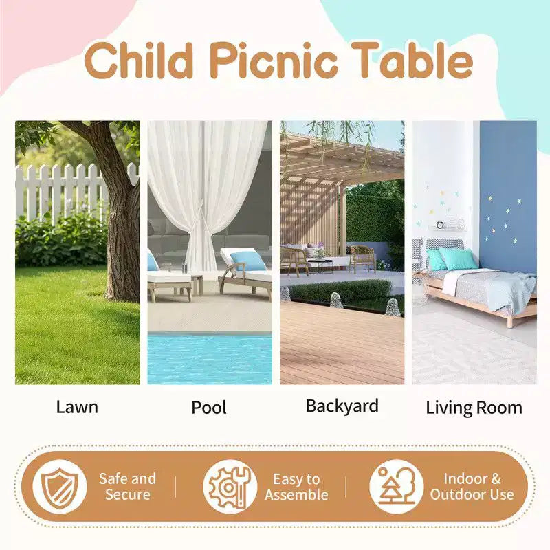 Tavolo da picnic e panchina da esterno rettangolari in legno per bambini con ombrellone e contenitori gioco Karl Home