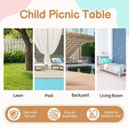 Tavolo da picnic e panchina da esterno rettangolari in legno per bambini con ombrellone e contenitori gioco Karl Home