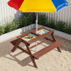 Tavolo da picnic e panchina da esterno rettangolari in legno per bambini con ombrellone e contenitori gioco Karl Home