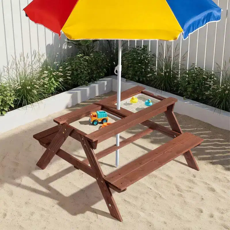 Tavolo da picnic e panchina da esterno rettangolari in legno per bambini con ombrellone e contenitori gioco Karl Home
