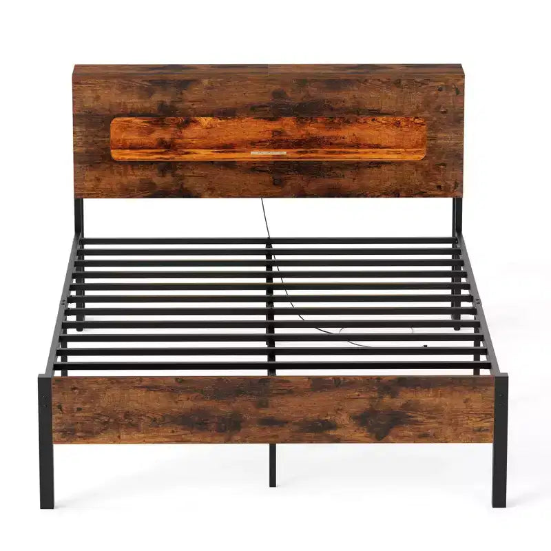 Costway Full Bed Frame with LED Lights Storage Headboard Power Outlets Strong Metal Support