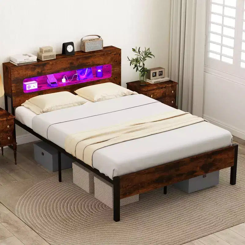 Costway Struttura Letto Matrimoniale con Luci LED, Testiera Contenitore, Prese di Corrente e Robusto Supporto in Metallo