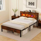 Costway Struttura Letto Matrimoniale con Luci LED, Testiera Contenitore, Prese di Corrente e Robusto Supporto in Metallo