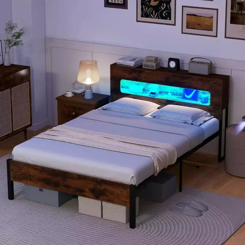 Costway Struttura Letto Matrimoniale con Luci LED, Testiera Contenitore, Prese di Corrente e Robusto Supporto in Metallo